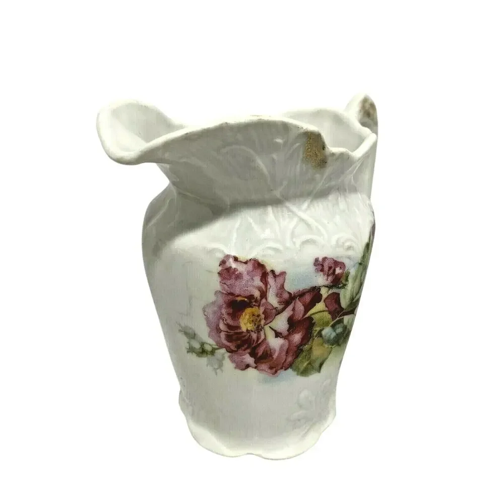 Vintage Creamer Cottage Farmhouse Decor Art Nouveau porcelain pink & red flowers